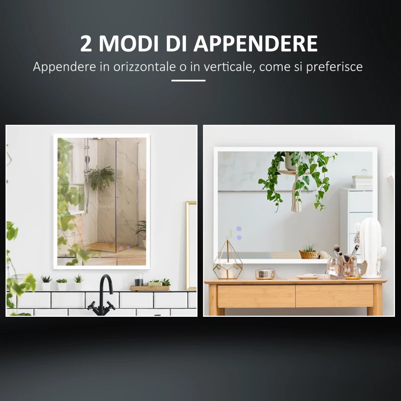 kleankin Specchio Bagno con Luce LED, Funzione Anti-Appannamento e Tasti Touch, 70x50cm, Argento