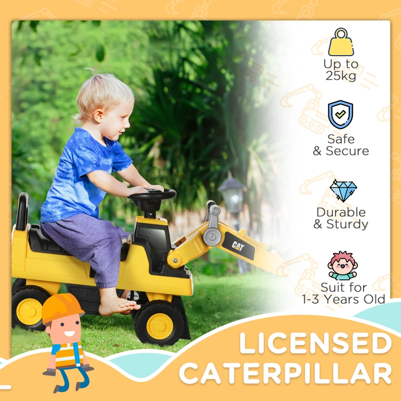 HOMCOM Licensed CAT Kids Construction Ride on with Manual Bucket, Toddler Digger Excavator with Horn Under Seat Storage