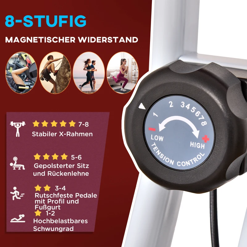 Rower treningowy HOMCOM trenażer rowerowy z 8-stopniową regulacją oporu magnetycznego z regulacją wysokości stalowy kolor czerwony+biały 43 x 97 x 109 cm
