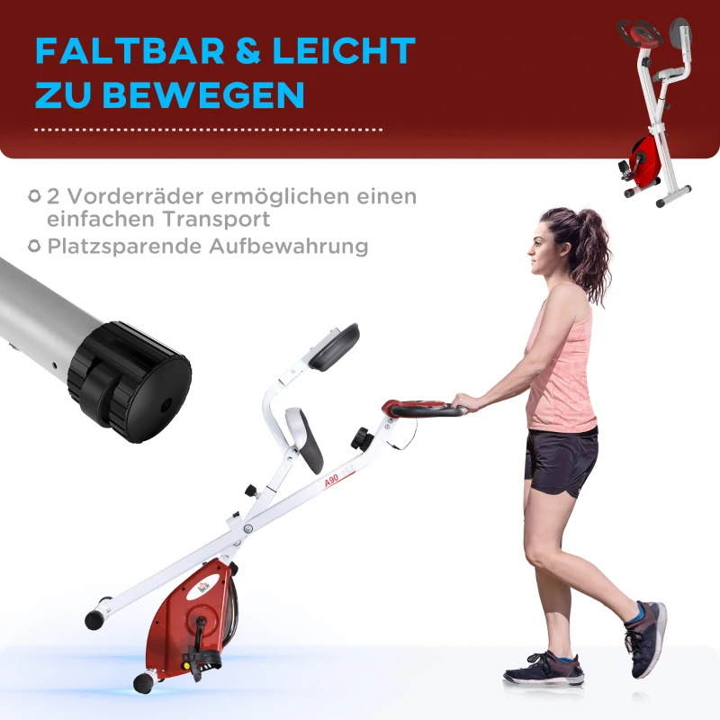 Rower treningowy HOMCOM trenażer rowerowy z 8-stopniową regulacją oporu magnetycznego z regulacją wysokości stalowy kolor czerwony+biały 43 x 97 x 109 cm