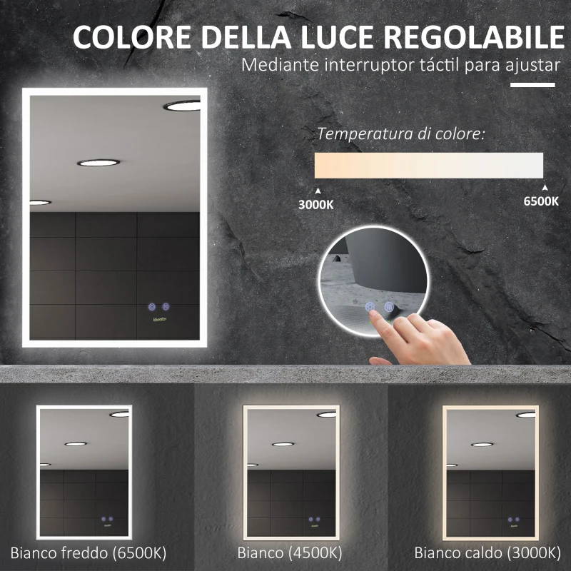 kleankin Specchio Bagno con Luce LED, Funzione Anti-Appannamento e Tasti Touch, 70x50cm, Argento