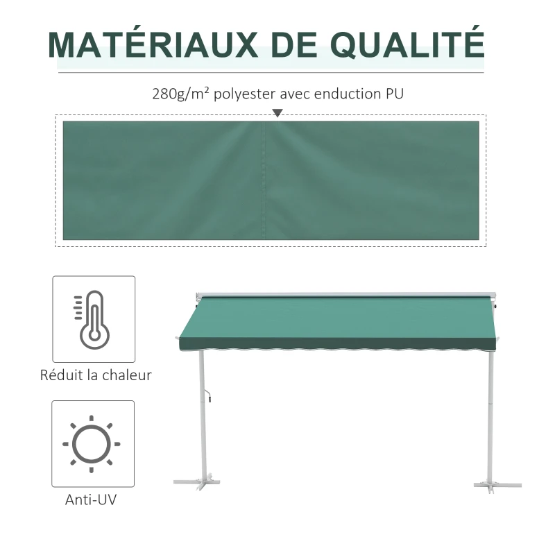 Outsunny Store Double Pente 3 x 3 m Manuel rétractable Inclinaison réglable métal Polyester imperméabilisé Vert