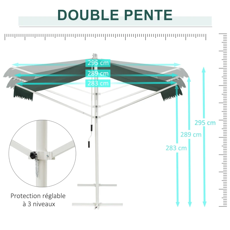 Outsunny Store Double Pente 3 x 3 m Manuel rétractable Inclinaison réglable métal Polyester imperméabilisé Vert