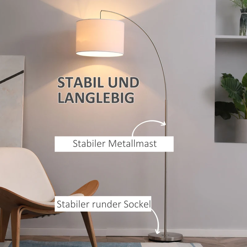 HOMCOM Bogenlampe Stehlampe Wohnzimmer Stehleuchte 40W moderne Bogenleuchte mit E27 Fassung Schirm für Schlafzimmer Büro elegant Weiß+Silber 90 x 38 x 183 cm