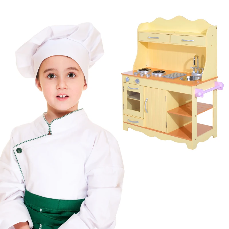 HOMCOM Cuisine pour enfants en bois jeu jouet d'imitation grand réalisme multi-équipement jaune pâle