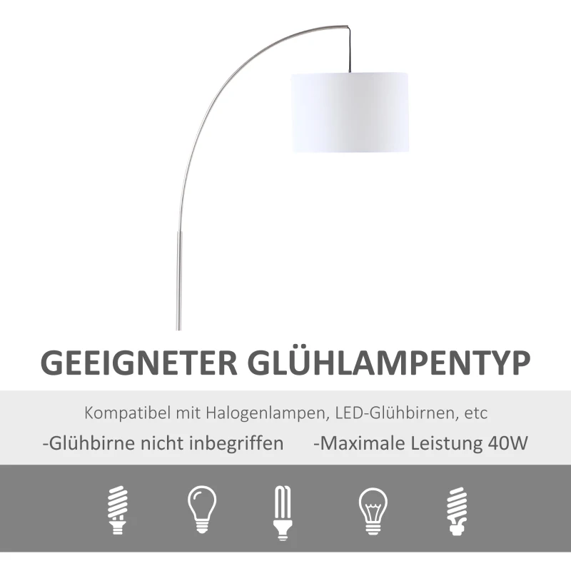 HOMCOM Bogenlampe Stehlampe Wohnzimmer Stehleuchte 40W moderne Bogenleuchte mit E27 Fassung Schirm für Schlafzimmer Büro elegant Weiß+Silber 90 x 38 x 183 cm