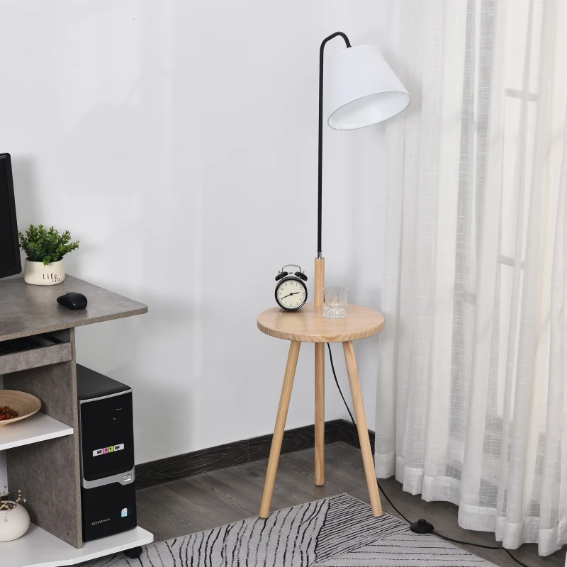 HOMCOM Stehlampe für Wohnzimmer, Standleuchte, Stehlampe, Bogenleuchte mit Holz Tisch, Skandinavischer Stil, Stahl, Weiß, 42 x 42 x 144 cm