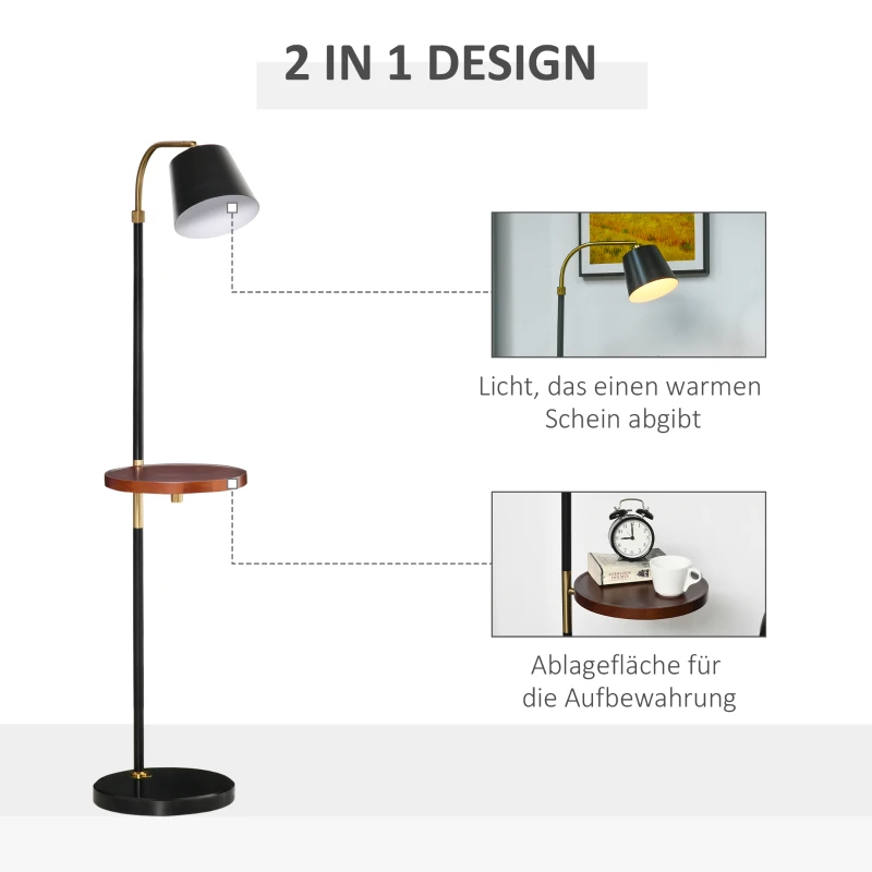 HOMCOM Stehleuchte mit Beistelltisch Stehlampe Holz Ablage E27 Fassung 40W  Marmorfuß Wohnzimmer Schlafzimmer Büro Vintage Schwarz 43 x 29 x 160 cm