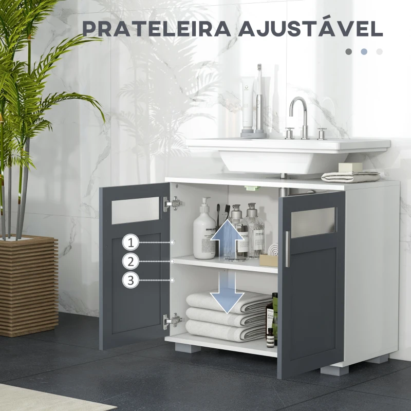 kleankin Móvel para Lavatório Pousar com 2 Portas com Vidro Temperado e Prateleira Ajustável 69x35x59 cm Branco e Cinza