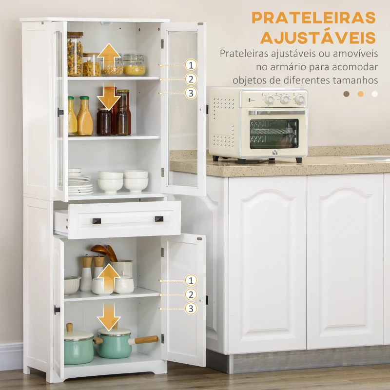 HOMCOM Armário de Cozinha com 4 Portas 1 Gaveta e 2 Prateleiras Ajustáveis para Sala de Jantar 60x30x160 cm Branco