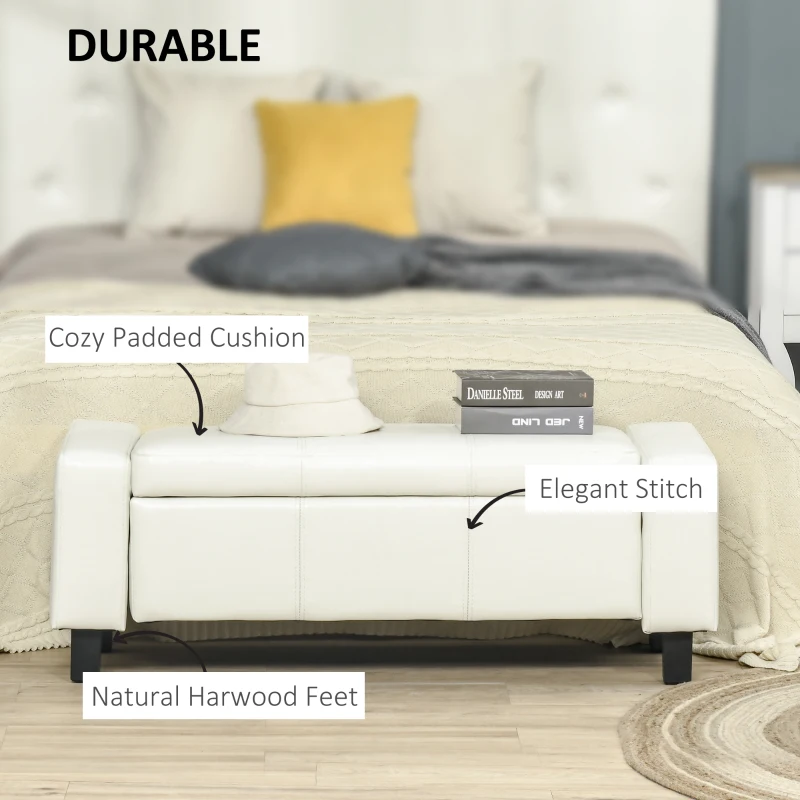 HOMCOM White Storage Bench, PU leather, for Living room Bedroom,106L x 40W x 40H cm-White