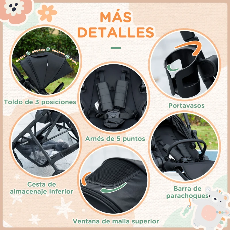 HOMCOM Silla de Paseo Ligera con Asiento Reversible y Reclinable Cochecito para Bebé de 0-36m Plegable 83x59x104cm Negro