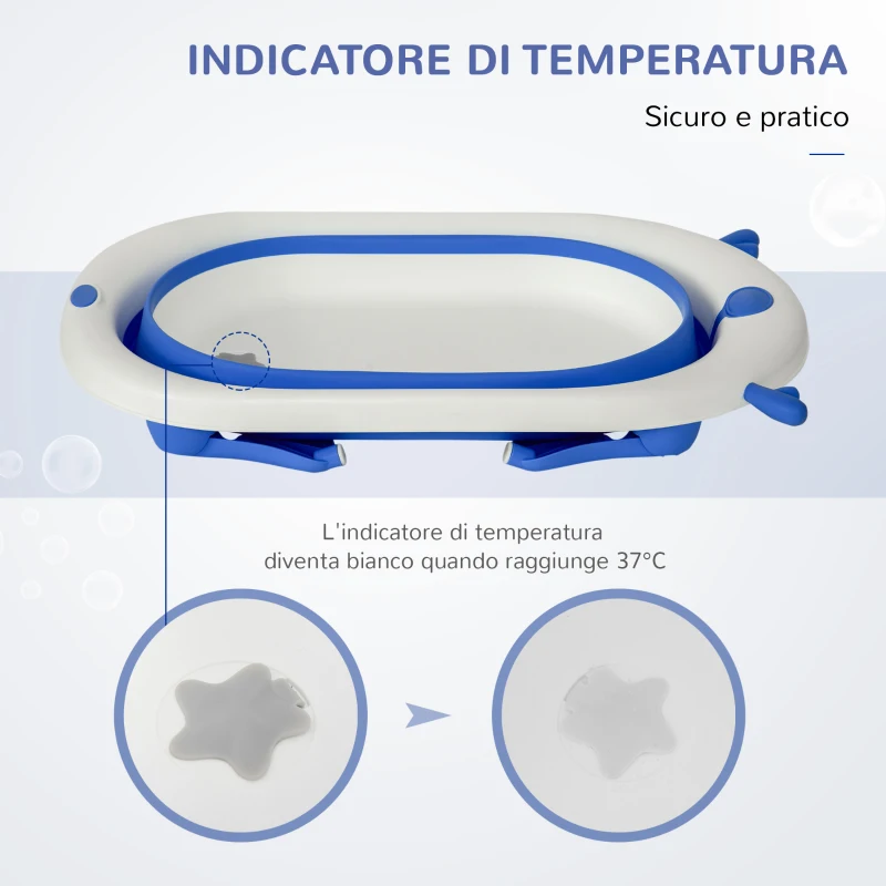 HOMCOM Vaschetta Bagnetto Pieghevole per Bambini 0-3 Anni con Indicatore di Temperatura e Cuscino, 81.5x50.5x23.5 cm, Blu