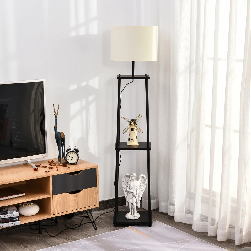 HOMCOM Stehlampe mit Regal Standleuchte Lampe Sockel E27 Polyester Stahl MDF Schwarz+Cremeweiß 34,5 x 34,5 x 150 cm