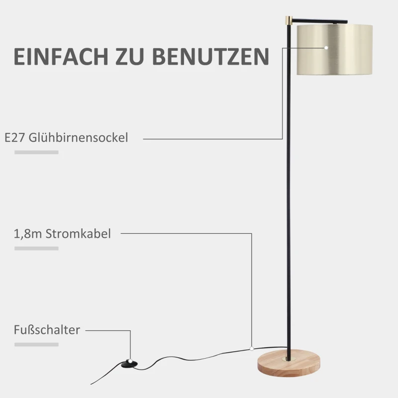 HOMCOM Stehlampe Wohnzimmer Stehleuchte 40W moderne Standleuchte mit E27 Fassung Stoffschirm für Schlafzimmer Büro elegant Gold+Schwarz 48 x 32 x 152 cm