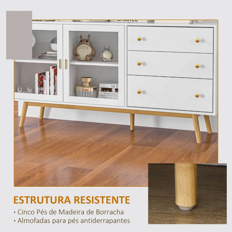 HOMCOM Aparador de Sala de Estar com 2 Portas de Vidro 3 Gavetas e Pés de Madeira de Borracha 160x40x80 cm Branco e Madeira