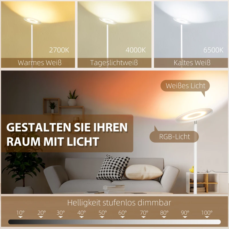 HOMCOM Stehleuchte, Deckenfluter, smarte Steuerung per App oder Sprache, viele Farben, Stahl, 25 x 25 x 168cm