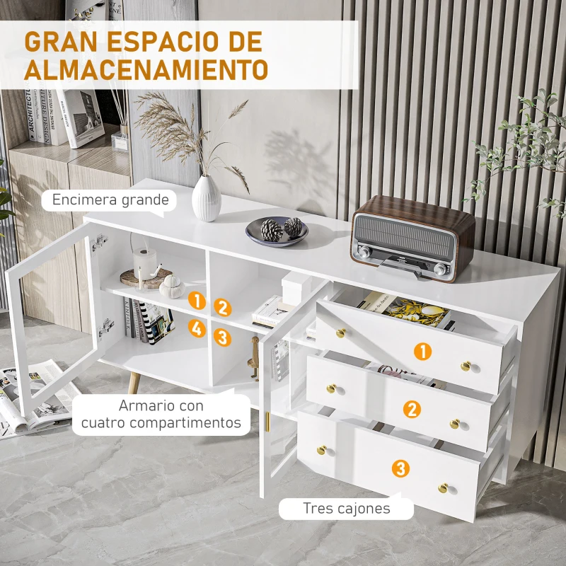 HOMCOM Aparador de Comedor con 2 Puertas de Cristal 3 Cajones y Patas de Madera de Caucho para Cocina Salón 160x40x80 cm Blanco