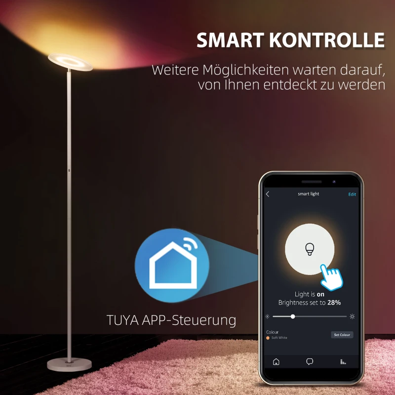 HOMCOM Stehleuchte, Deckenfluter, smarte Steuerung per App oder Sprache, viele Farben, Stahl, 25 x 25 x 168cm