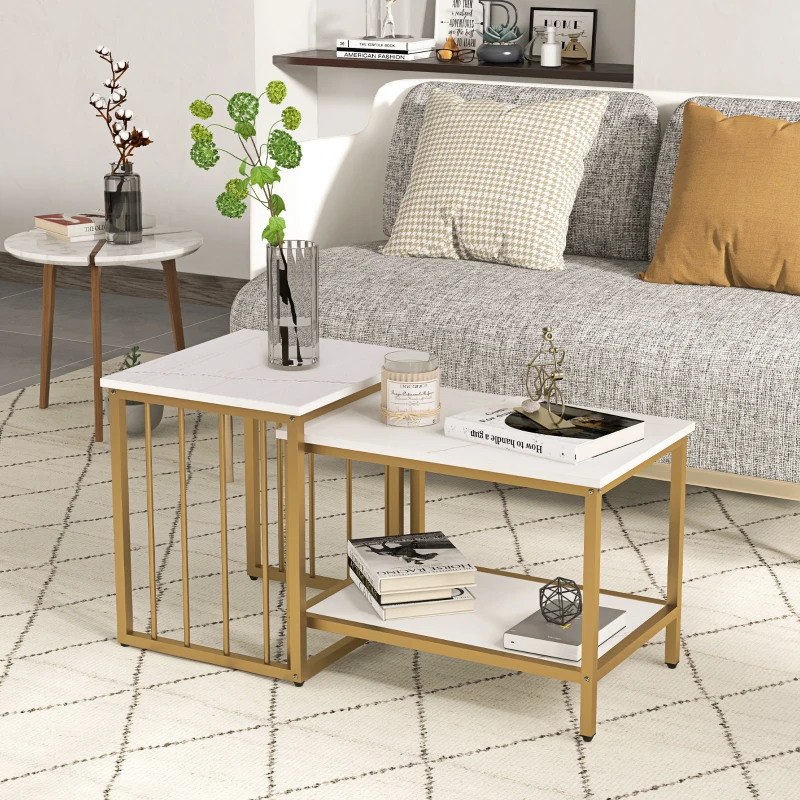HOMCOM Lot de 2 tables basses gigognes carrés - plateau blanc aspect marbre et pied en métal doré