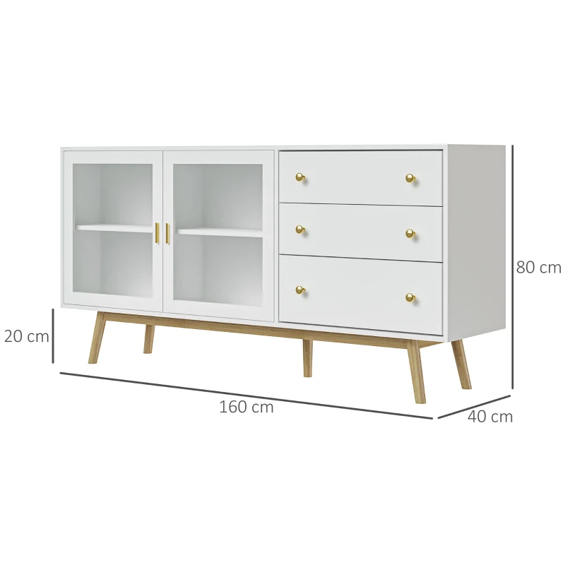 HOMCOM Aparador de Comedor con 2 Puertas de Cristal 3 Cajones y Patas de Madera de Caucho para Cocina Salón 160x40x80 cm Blanco