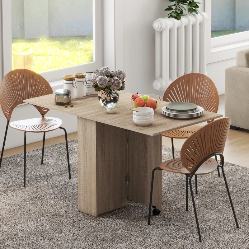 HOMCOM Folding Dining Table, Drop Leaf Table for Small Spaces with 2-tier Shelves, Small Kitchen Table with Rolling Casters, Natural