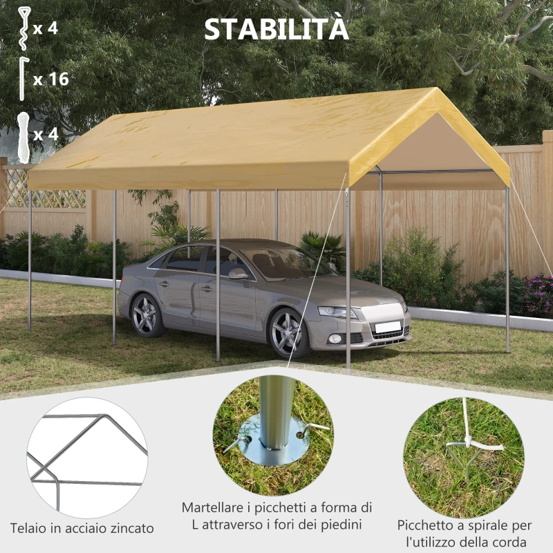 Outsunny Tendone da Giardino ad Altezza Regolabile in Acciaio e PE per Auto Piccole e Medie, 600x295x265-310 cm, Beige