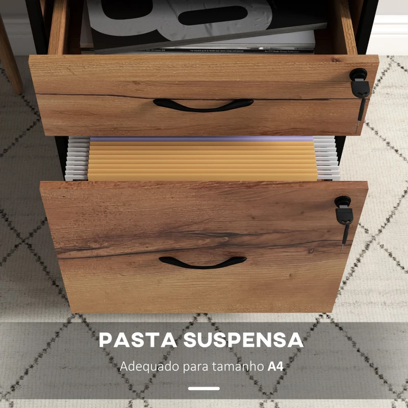 Vinsetto Bloco de Gavetas com Fechadura Rodas 2 Gavetas Barra Suspensa para Papéis A4 e Carta e 2 Chaves 44x40x66,5 cm  Marrom Rústico