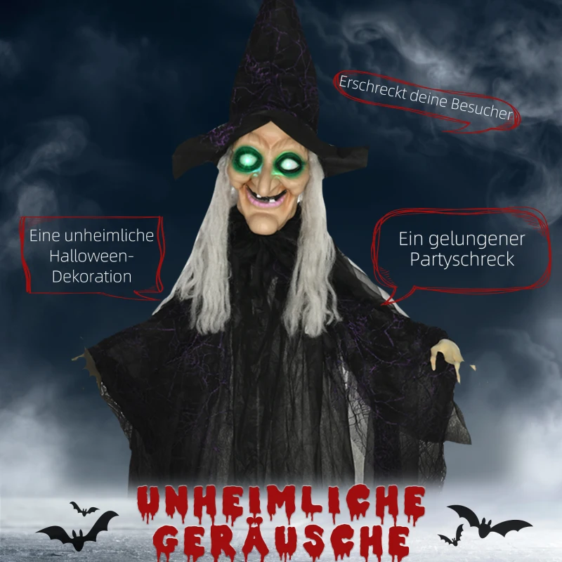 HOMCOM Halloween-heks, Halloween-decoratie, geluidsfunctie, met bewegingssensor, LED-lichten, 130 cm x 18 cm x 183 cm
