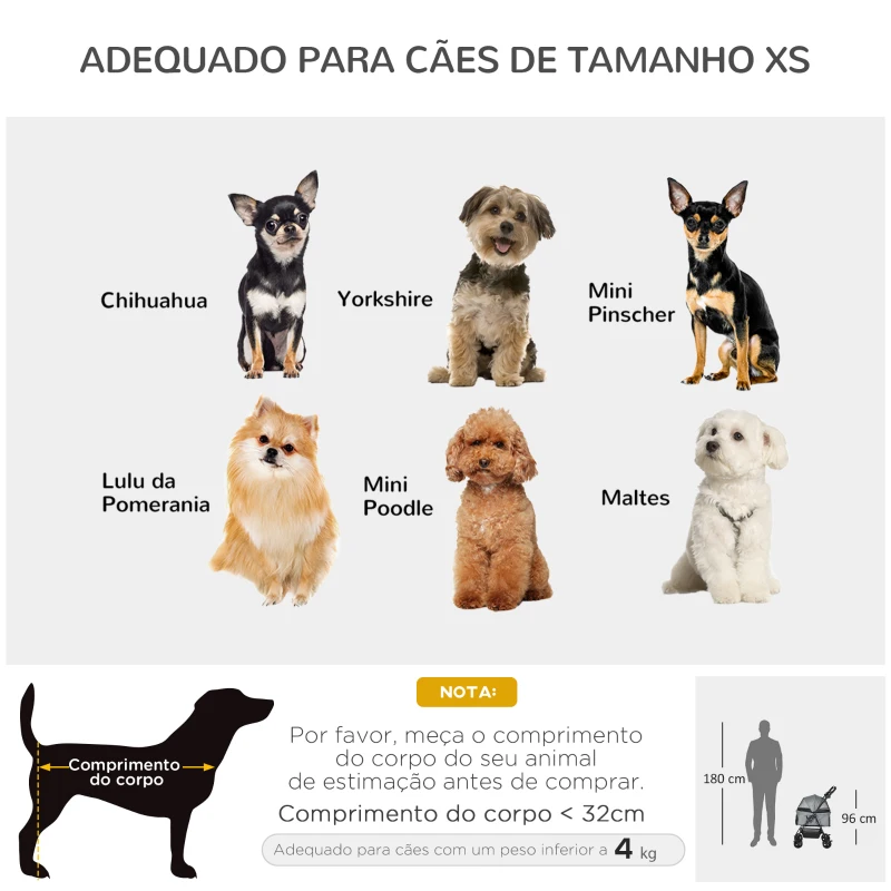 PawHut Carrinho de animal de estimação dobrável removível de aço Tecido Oxford Rodas giratórias Freios Janela para gatos pequenos Cães 67x45x96 cm Cinza