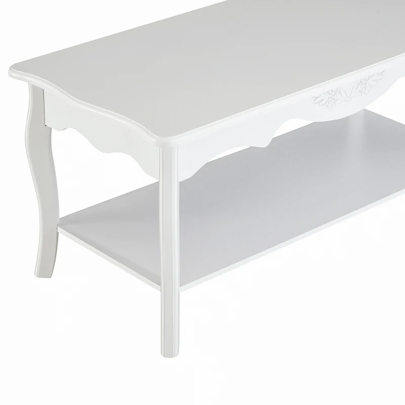 HOMCOM Mesa de Centro de Salón y Comedor de Estilo Elegante tipo Mesita de Café Auxiliar con Estantería color Blanco 94x44x42cm HOMCOM