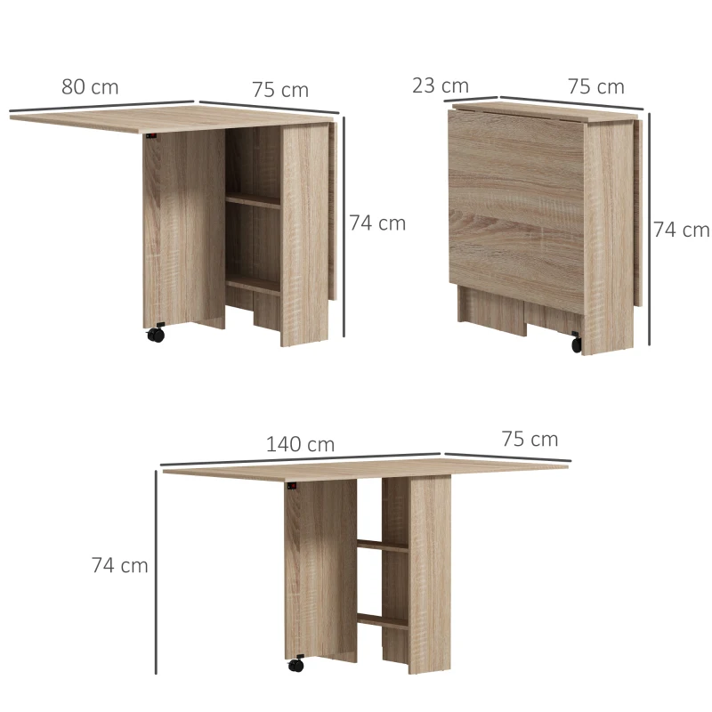 HOMCOM Mesa Plegable con 2 Alas Abatibles de Madera 2 Estantes y Ruedas para Cocina Comedor 80x140x74 cm Madera Natural