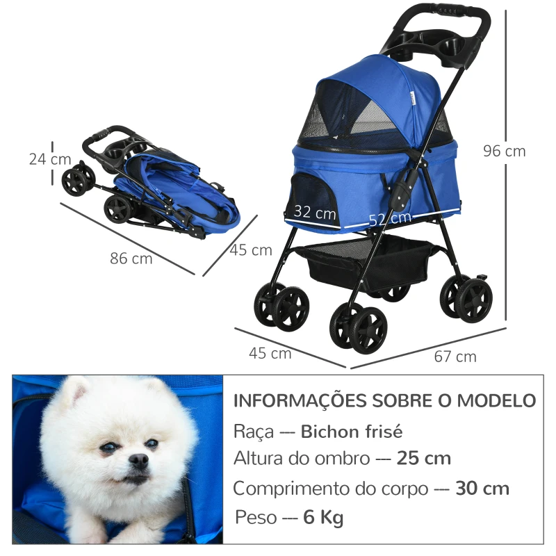 PawHut Carrinho dobrável para animais de estimação desmontável para cães de aço Oxford rodas giratórias freios janela 67x45x96 cm azul