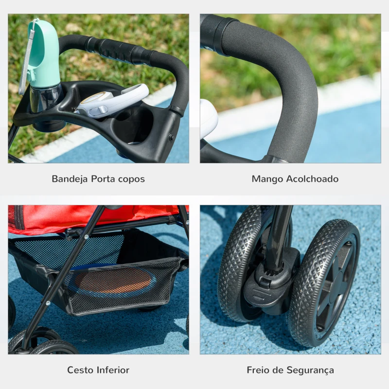 PawHut Carrinho para para animais de estimação dobrável e removível em aço tecido Oxford rodas giratórias freios Janela para gatos pequenos Cães 67x45x96 cm Vermelho