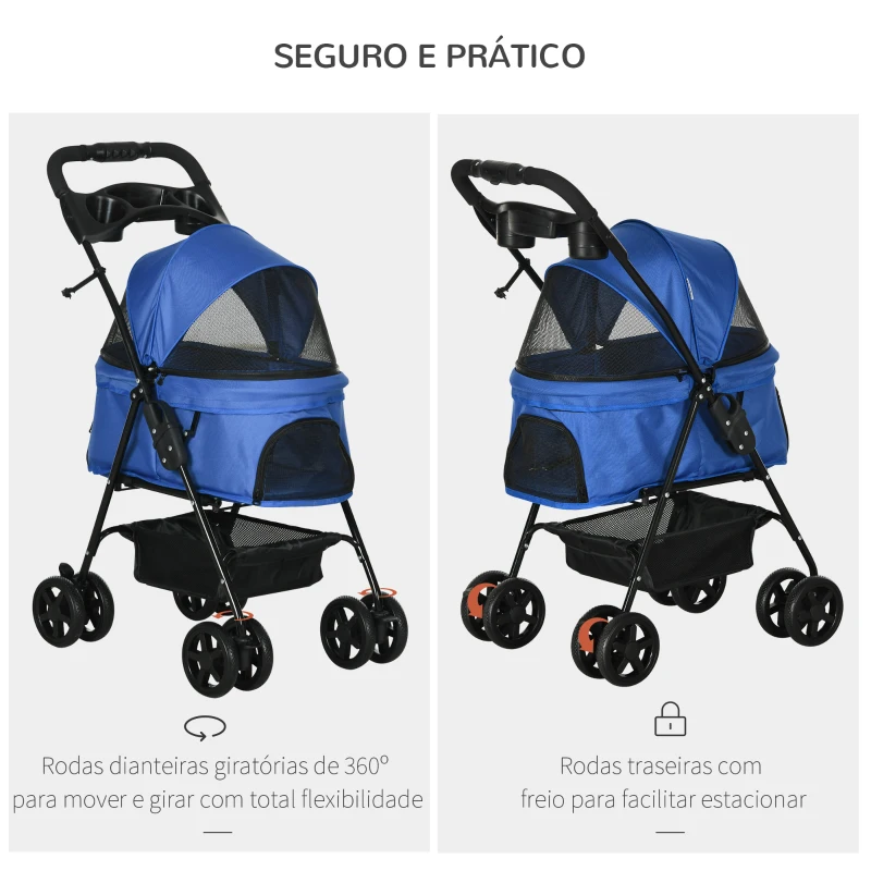 PawHut Carrinho dobrável para animais de estimação desmontável para cães de aço Oxford rodas giratórias freios janela 67x45x96 cm azul