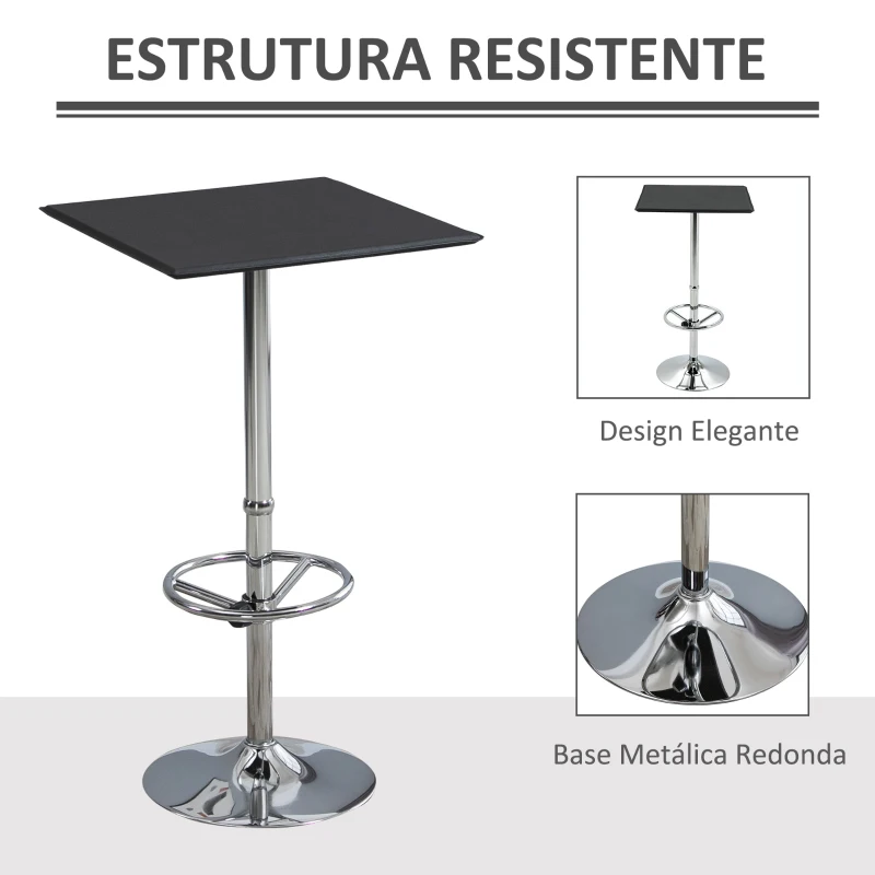 HOMCOM Mesa de Bar Mesa Alta de Cozinha com Apoio para os Pés Ajustável e Estrutura de Metal 62x62x110cm Preto e Prata