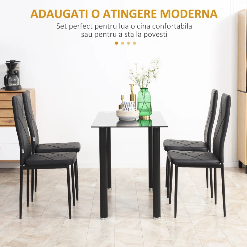 HOMCOM Set de 4 scaune de sufragerie cu spatar inalt, moderne din piele artificiala si otel, 41x50x97cm, negru(m-4)