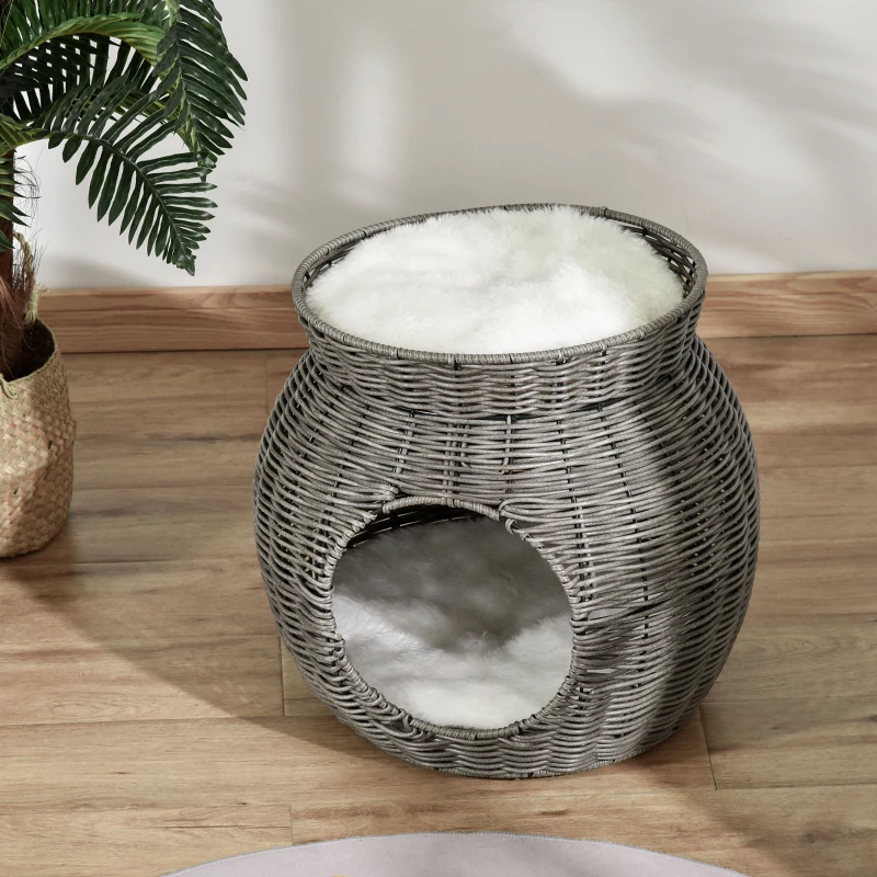 Pawhut Rattan Katzenkorb zweistöckiges Katzenbett Katzenhöhle Katzenturm mit 2 Kissen Liegedach Dunkelgrau Ø50 x 43,5 cm