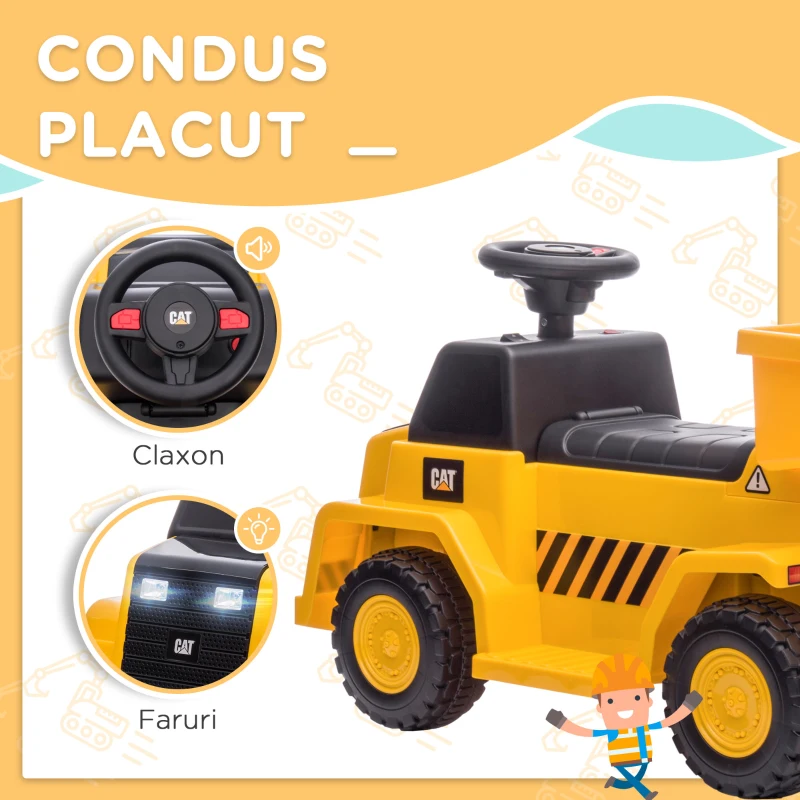 HOMCOM Camion Jucarie Electric cu Licenta CAT, Bena de Descarcare Posterioara, Faruri si Efecte Sonore pentru Copii 18-36 Luni, 74.5x36x43.5 cm, Galben si Negru