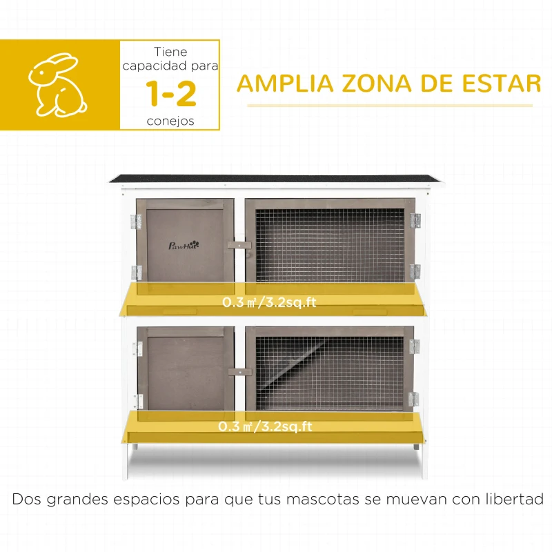 PawHut Conejera de Madera de 2 Pisos con Techo Asfáltico Bandejas Extraíbles y Rampa para 2 Conejos 100x47x91 cm Marrón
