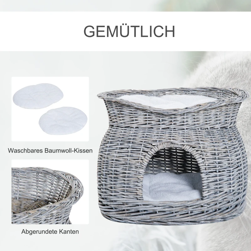 PawHut Rattan Weidenkorb für Katzen Katzenhütte mit 2 weichen Liegekissen Katzenkorb Haustierbett aus Wasserhyazinthe für Wohnzimmer Grau 56 x 37 x 40 cm