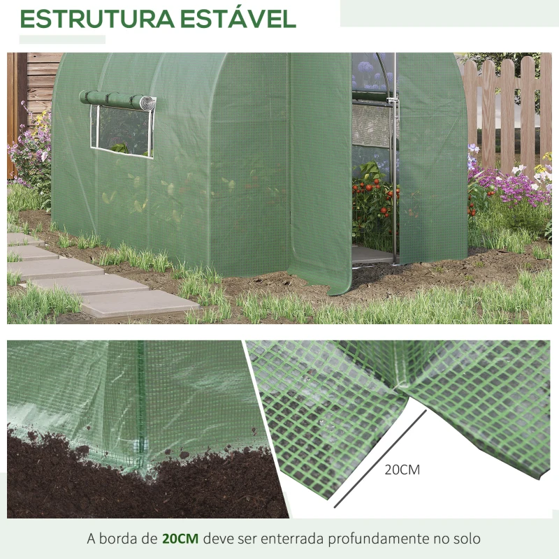 Outsunny Estufa Tipo Túnel 300x200x200 cm com Porta e Janelas Cobertura de PE e Metal Galvanizado para Cultivos Verde