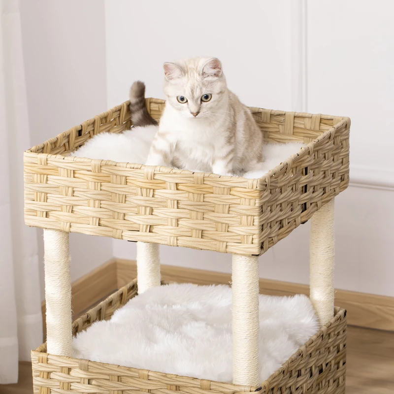 Pawhut Katzenhöhle aus Rattan Katzenkorb mit Kratzstamm 3-stöckiges Katzenbett Katzenhöhle Katzenturm mit 3 Kissen Liegedach Sisal Natur 40 x 40 x 70 cm