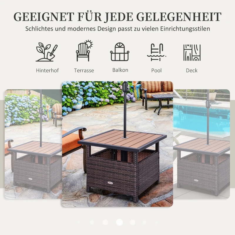 Outsunny® poly-rotan bijzettafel tuintafel voor parasol terrastafel paraplubak incl. zandzak bruin 55,5 l x 55,5 b x 46 h cm