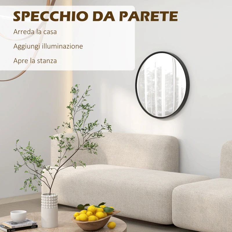 HOMCOM Specchio Rotondo da Parete Moderno in Lega di Alluminio, Ø61cm Nero
