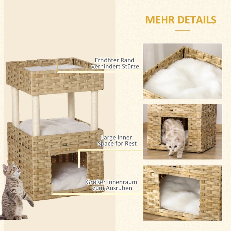 Pawhut Katzenhöhle aus Rattan Katzenkorb mit Kratzstamm 3-stöckiges Katzenbett Katzenhöhle Katzenturm mit 3 Kissen Liegedach Sisal Natur 40 x 40 x 70 cm