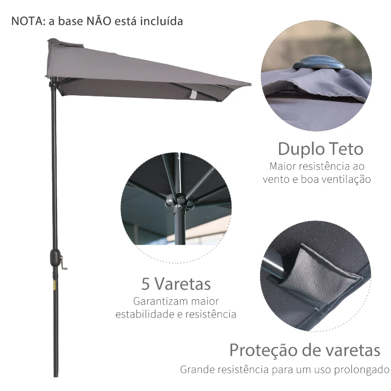 Outsunny Meia Chapéu de sol 230x130x245 cm Chapéu de sol para Parede Jardim com Manivela e Vara Metálica Ø38 mm Terraço Varanda Cinzento