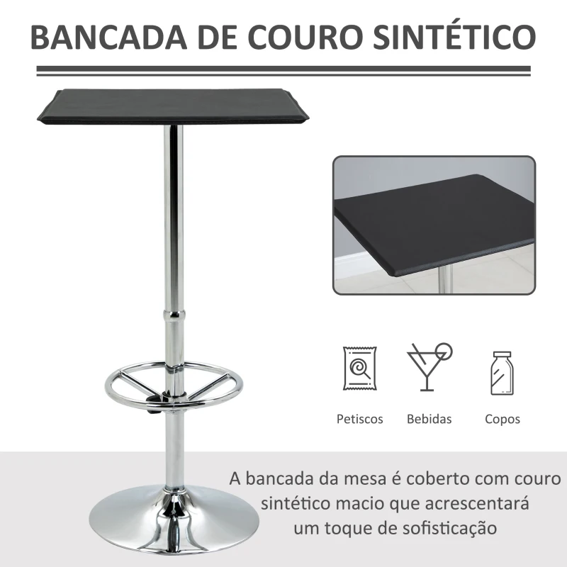HOMCOM Mesa de Bar Mesa Alta de Cozinha com Apoio para os Pés Ajustável e Estrutura de Metal 62x62x110cm Preto e Prata