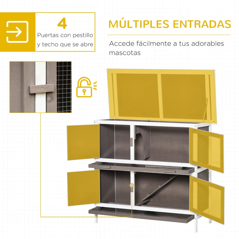 PawHut Conejera de Madera de 2 Pisos con Techo Asfáltico Bandejas Extraíbles y Rampa para 2 Conejos 100x47x91 cm Marrón