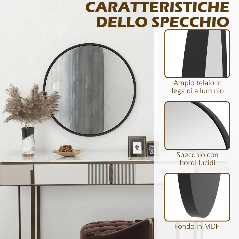 HOMCOM Specchio Rotondo da Parete Moderno in Lega di Alluminio, Ø61cm Nero